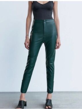 Zara Forest Green Faux Leather Skinny Pants NWT